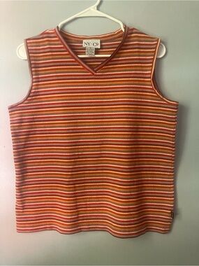 New York & Company Orange, Red & Cream Striped V-Neck Tank Vintage 1980’s